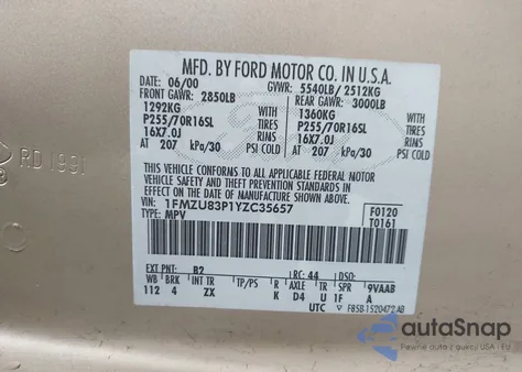 2000 Ford Explorer Xlt from USA, damaged, VIN 1FMZU83P1YZC35657